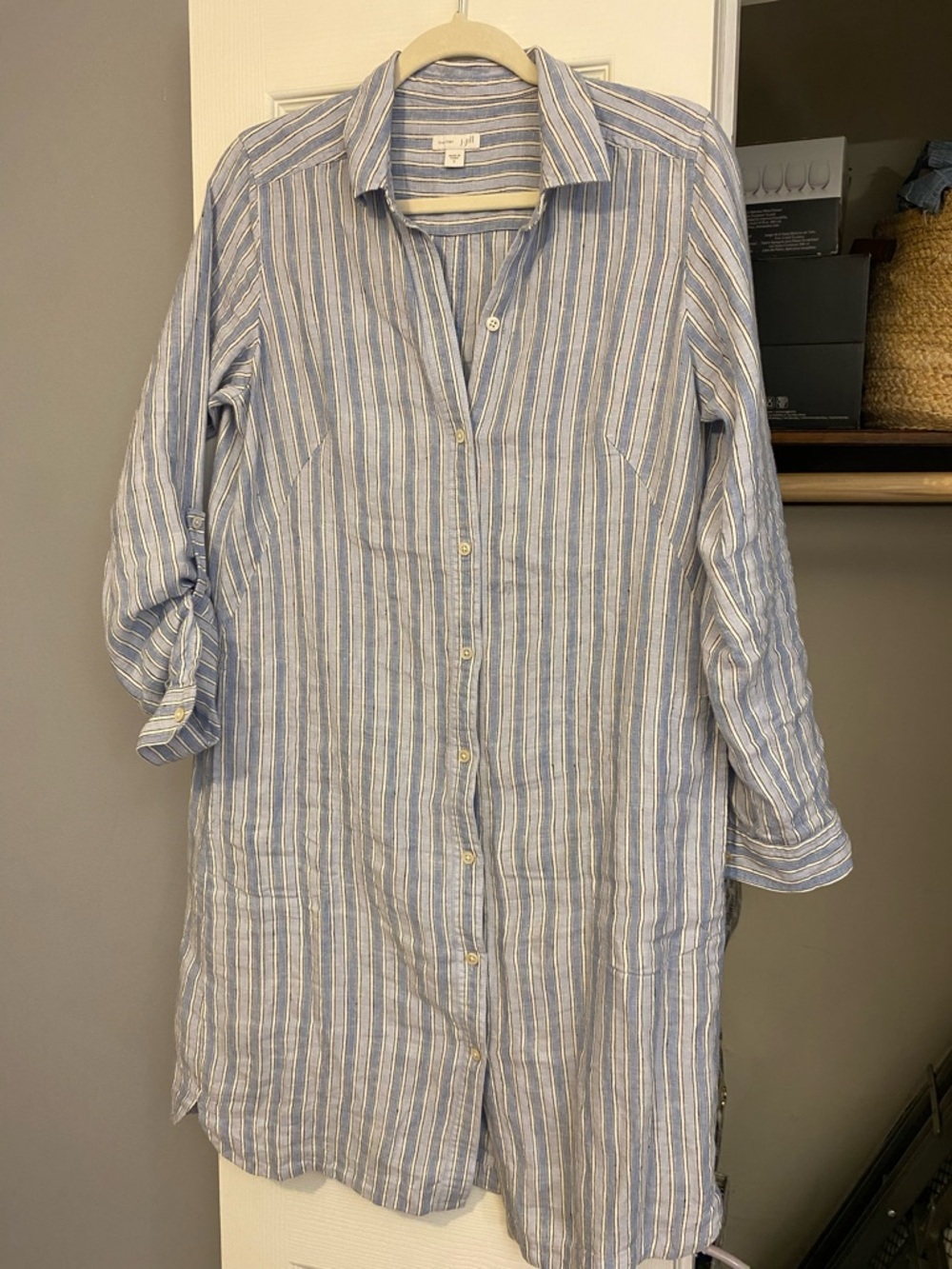 J. Jill linen Blue and White Striped Midi Shirt Dress